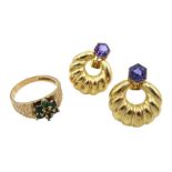 Gold stone set ring and pair of stud earrings
