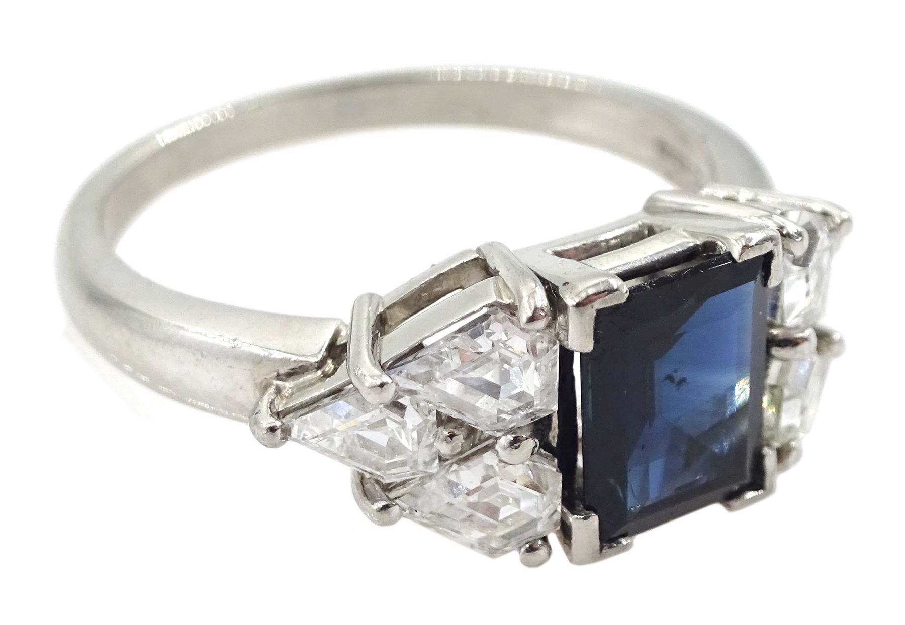 Platinum baguette cut sapphire and six stone kite cut diamond ring - Image 3 of 4