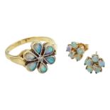 Gold opal and diamond flower design ring and pair of matching earrings