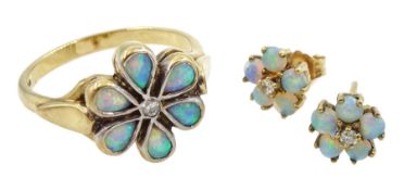 Gold opal and diamond flower design ring and pair of matching earrings