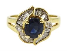 Gold oval sapphire and vari-cut diamond cluster ring