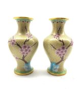 Pair of Oriental cloisonne baluster vases decorated with prunus on a scaled green ground H18cm