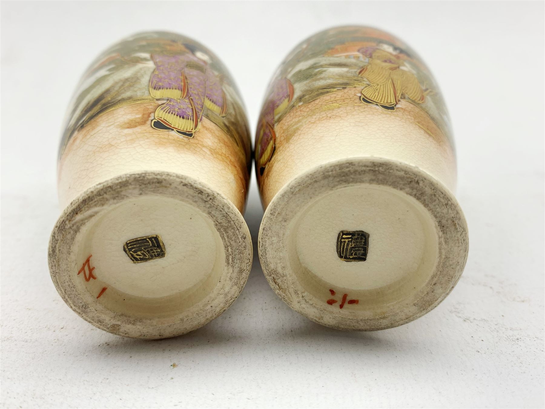 Pair of small Japanese Satsuma vases decorated with figures and landscapes H9cm - Image 2 of 2