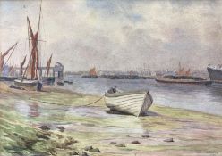 A. Cowling (British 19th/20th century): Small Boat Beached in a Harbour