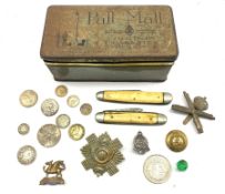 1920s Pall Mall cigarette tin containing a few military items including The Buffs (Royal East Kent R