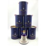 Six Wade Bell's Whisky decanters commemorating birth of Princess Beatrice in canister shape containe
