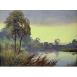 T Hardy (British 20th century): Riverside Landscape at Dusk