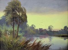 T Hardy (British 20th century): Riverside Landscape at Dusk