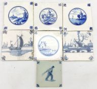 Group of assorted Delft tiles to include a set of three painted in roundels with buildings and lands