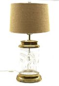 20th century cut glass and brass table lamp of flattened oval form with shade