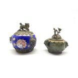 Early 20th century Chinese hardstone lidded jar with brass mounts