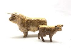 Beswick model of a Highland bull No. 2008 and a Highland calf No. 1827D