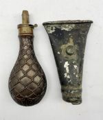 Copper powder flask with ropework decoration and a 19th century flask with a naval button