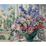 English School (1930s): Still Life of Vase of Flowers on a Window Ledge