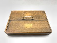 Early 20th Century inlaid oak two division cutlery box and contents including bone handled knives