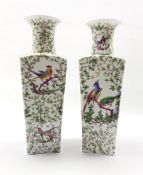 Pair 20th Century Continental square section vases decorated with exotic birds and flowers H38cm