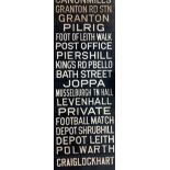 Long linen roller printed in black and white with the names of Edinburgh areas