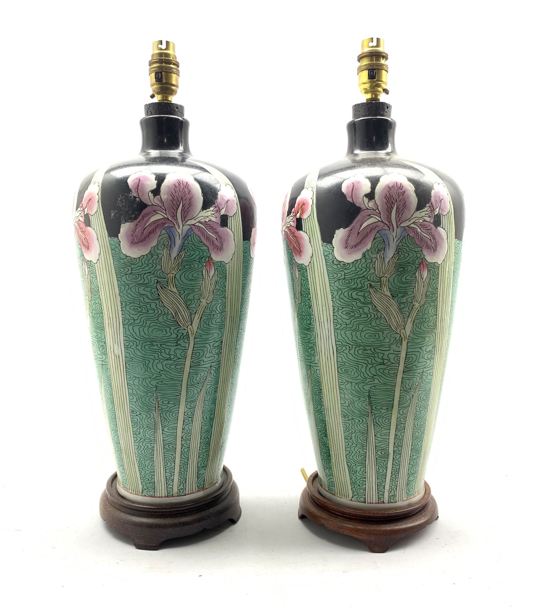 Pair of Oriental design ceramic table lamps decorated with irises on wooden bases H43cm