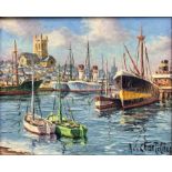 Adrien de Chanteloup (French 1907-1988): Harbour Scene with Church in Background