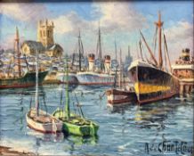 Adrien de Chanteloup (French 1907-1988): Harbour Scene with Church in Background