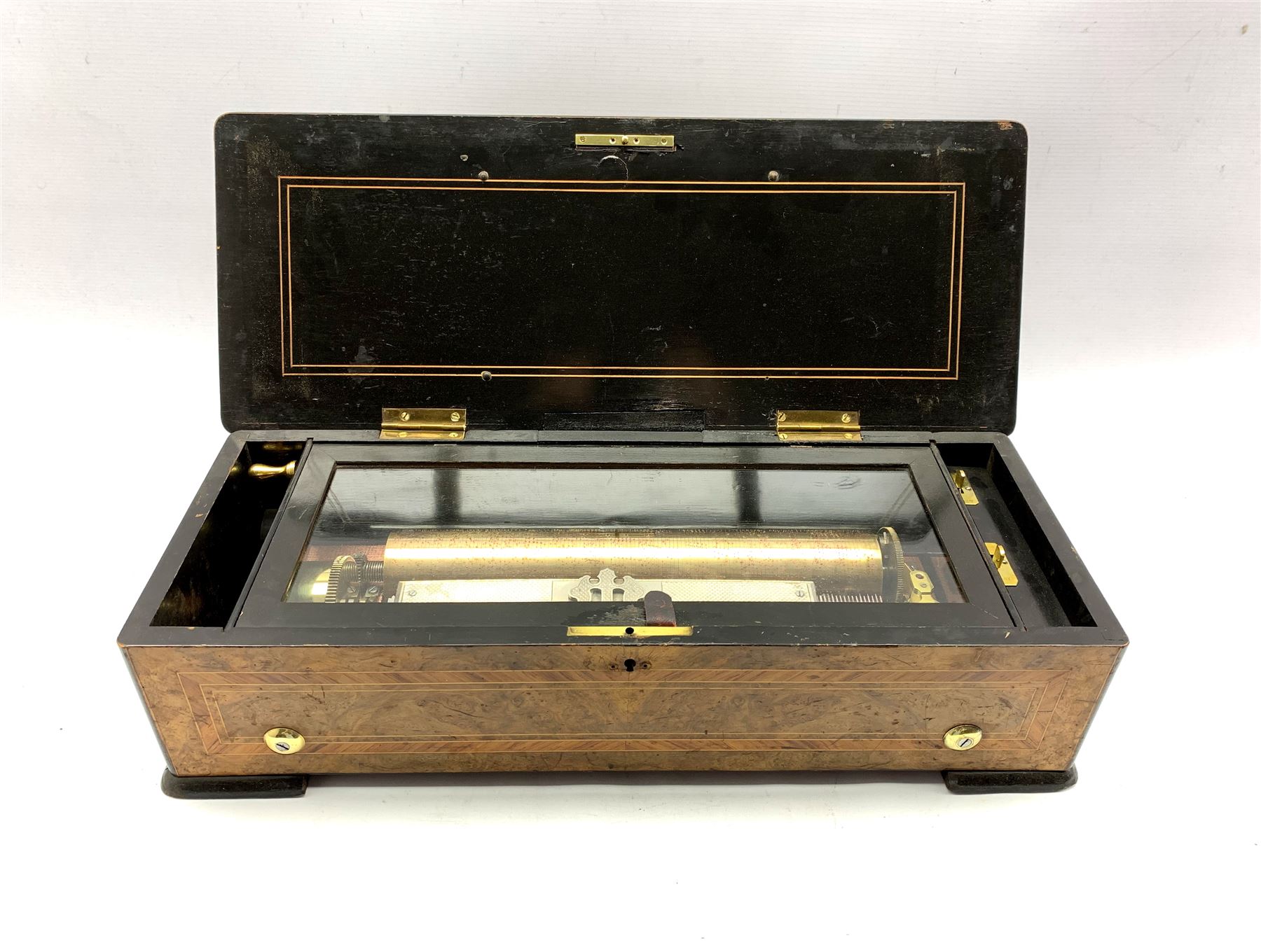 Late 19th Century Swiss musical box with comb and cylinder movement in burr walnut case W57cm - Image 2 of 4