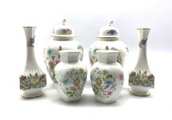 Pair of Aynsley Wild Tudor vases and covers H21cm and two other pairs of matching vases