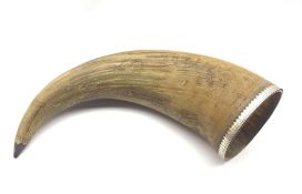 19th Century Indian drinking horn with silver mount and engraved floral decoration
