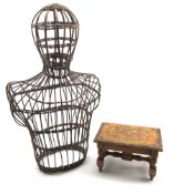 Wicker half mannequin H75cm and a small carved oak stool W30cm
