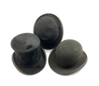 Black 'London Finish' top hat and two bowler hats