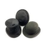 Black 'London Finish' top hat and two bowler hats