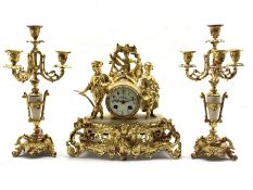 Late 19th century alabaster and gilt figural mantel clock garniture