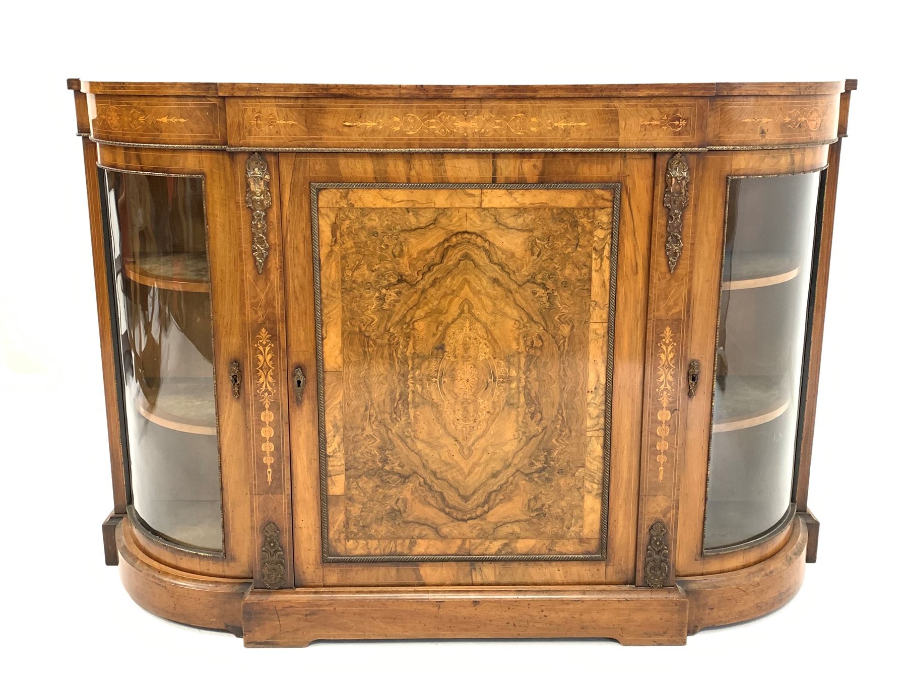 Victorian figured walnut break bowfront credenza