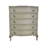 French style cream painted serpentine front five height chest with gilt detail