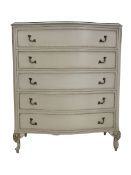 French style cream painted serpentine front five height chest with gilt detail