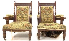 Pair of Victorian mahogany carved open armchairs