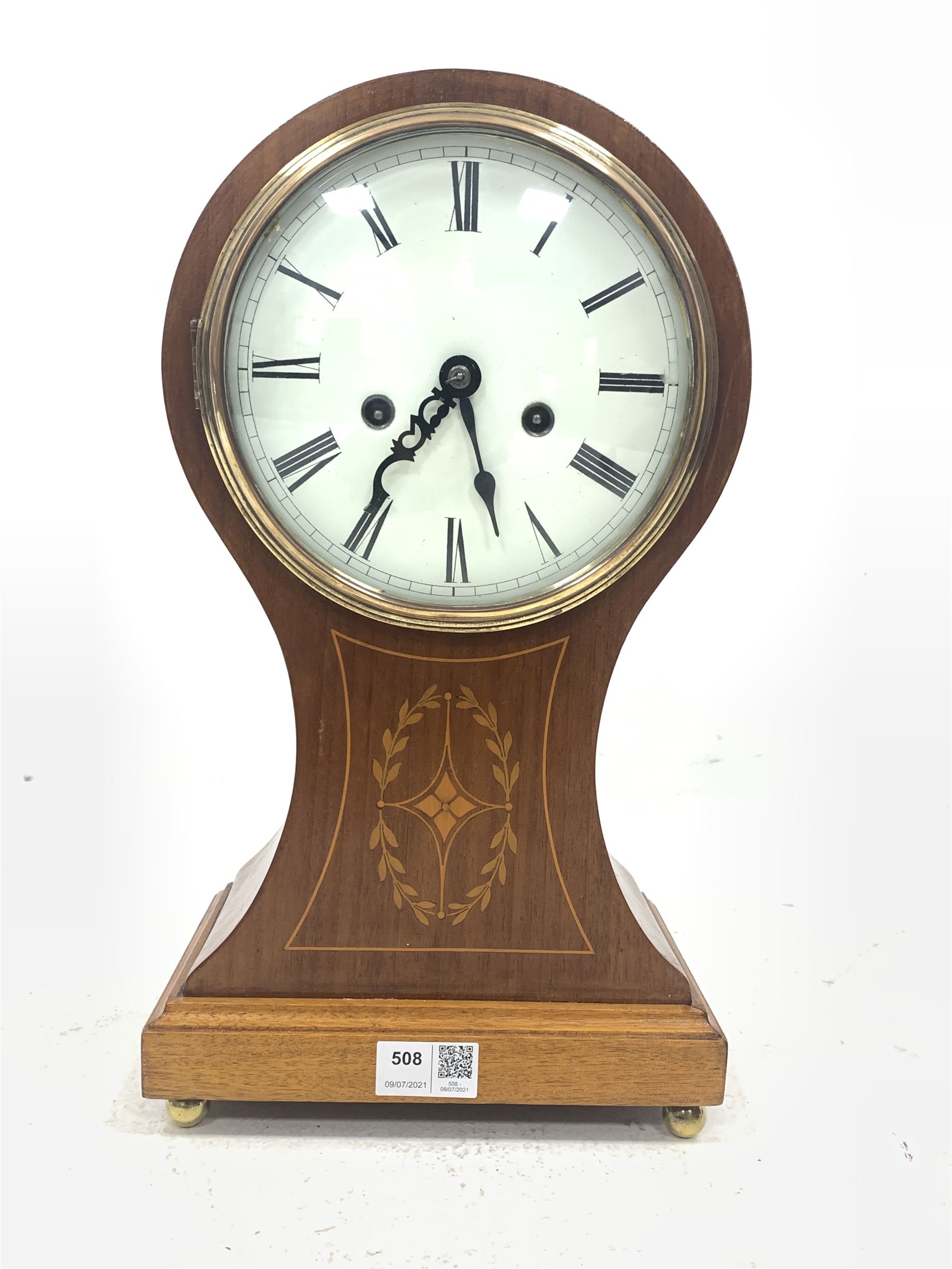 Edwardian inlaid mahogany balloon mantle clock