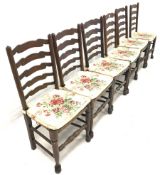 Near set of twelve 19th century oak ladderback dining chairs with string seats and turned supports u