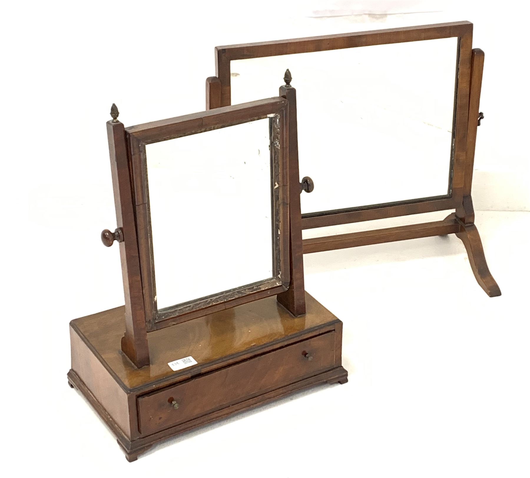 19th century mahogany swing mirror with drawer (W38cm) together with another swing mirror (W51cm)