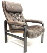 Mid 20th century buttoned brown leather upholstered armchair