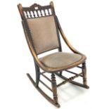 Late 19th century beech framed rocking chair with upholstered seat and back