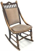 Late 19th century beech framed rocking chair with upholstered seat and back