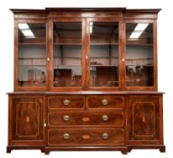 Large 20th century Sheraton design mahogany breakfront bookcase
