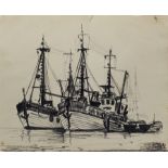 Jack Rigg (British 1927-): Trawlers at Anchor