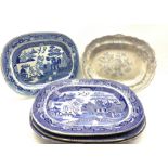 Four 19th century blue and white transfer printed meat plates decorated in the Willow pattern