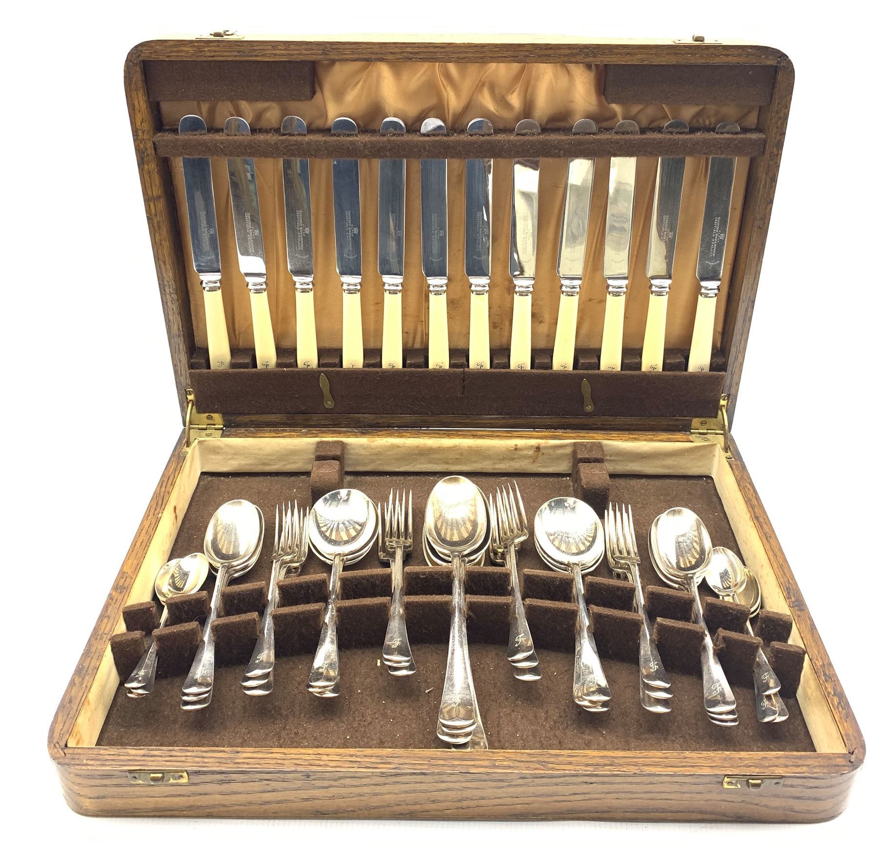 Set of rat tail plated cutlery with bone handled knives for six covers engraved with the initial 'F' - Image 2 of 3