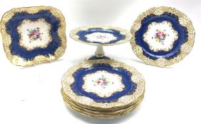 Crown Staffordshire part dessert service with a powder blue ground and decorated with floral sprays