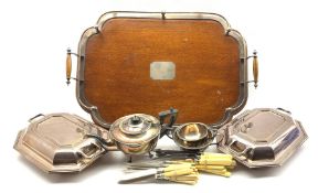 Early 20th century oak twin-handled tray with silver-plated gallery and mounts