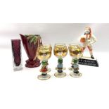 Set of six Goebel gilt etched wine glasses with figural stems