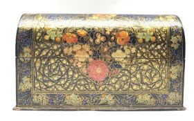 Kashmiri lacquered stationery casket with domed cover and divided interior painted with flower heads