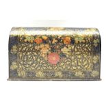 Kashmiri lacquered stationery casket with domed cover and divided interior painted with flower heads